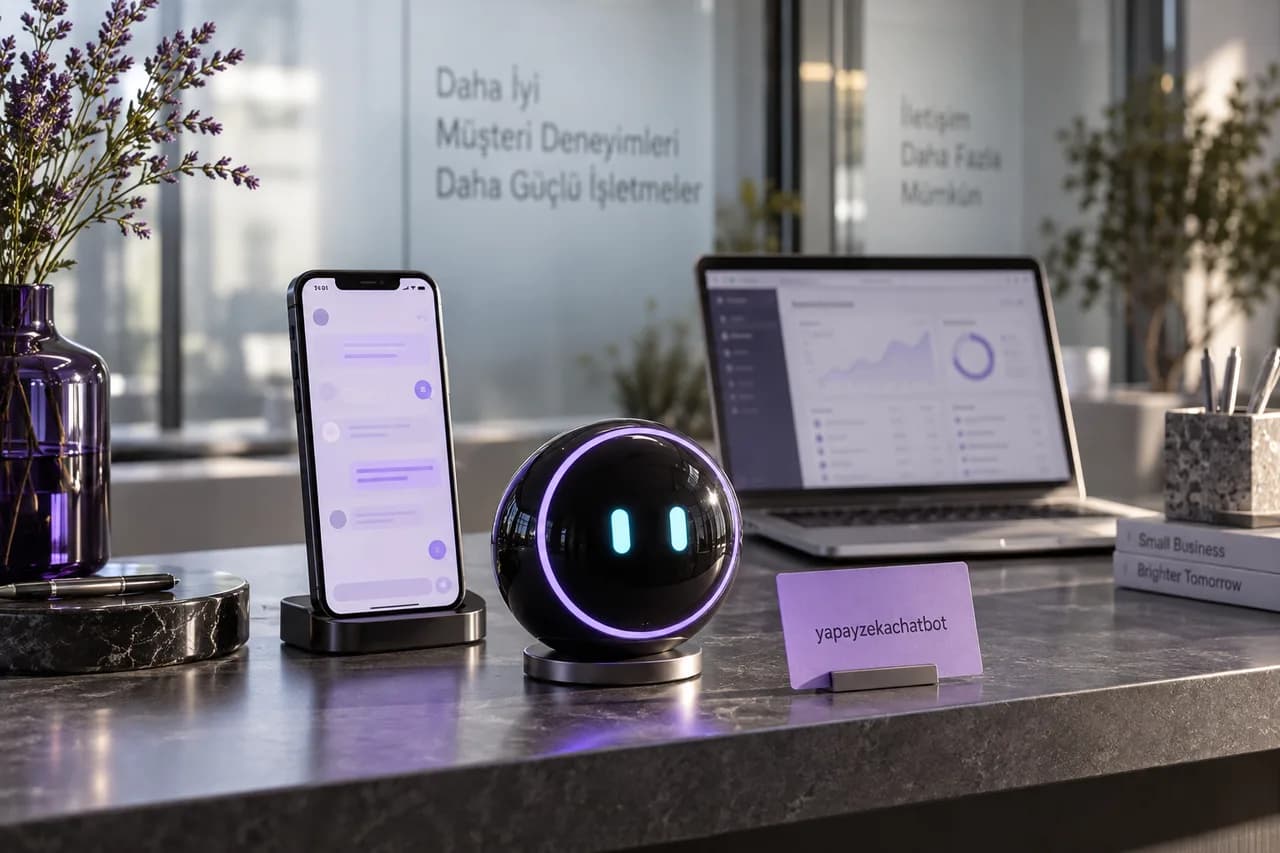 Telefon ve işletme panelinin yanında Yapay Zeka Chatbot maskotu