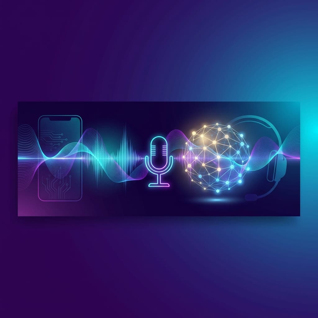 Sesli yapay zeka chatbot - Ses dalgaları, mikrofon ve AI nöral ağ görseli
