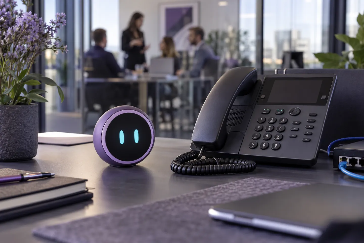 Marka maskotu, masa telefonu ve ağ bağlantısı bulunan kurumsal çalışma masası