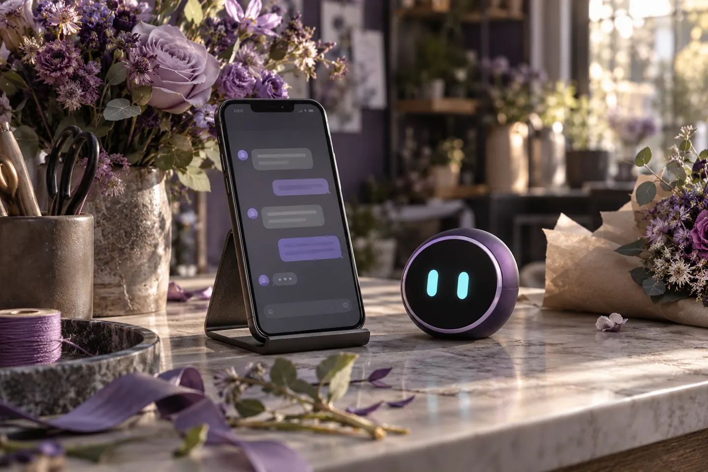 Çiçekçi tezgahında mesaj ekranı açık telefon ve yanında mor marka maskotu