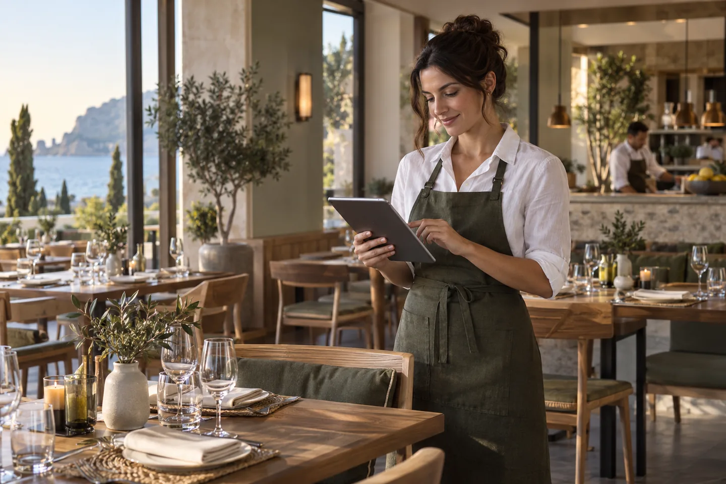 Restoran yöneticisinin hazırlanmış masaların yanında tabletinden rezervasyonları incelemesi
