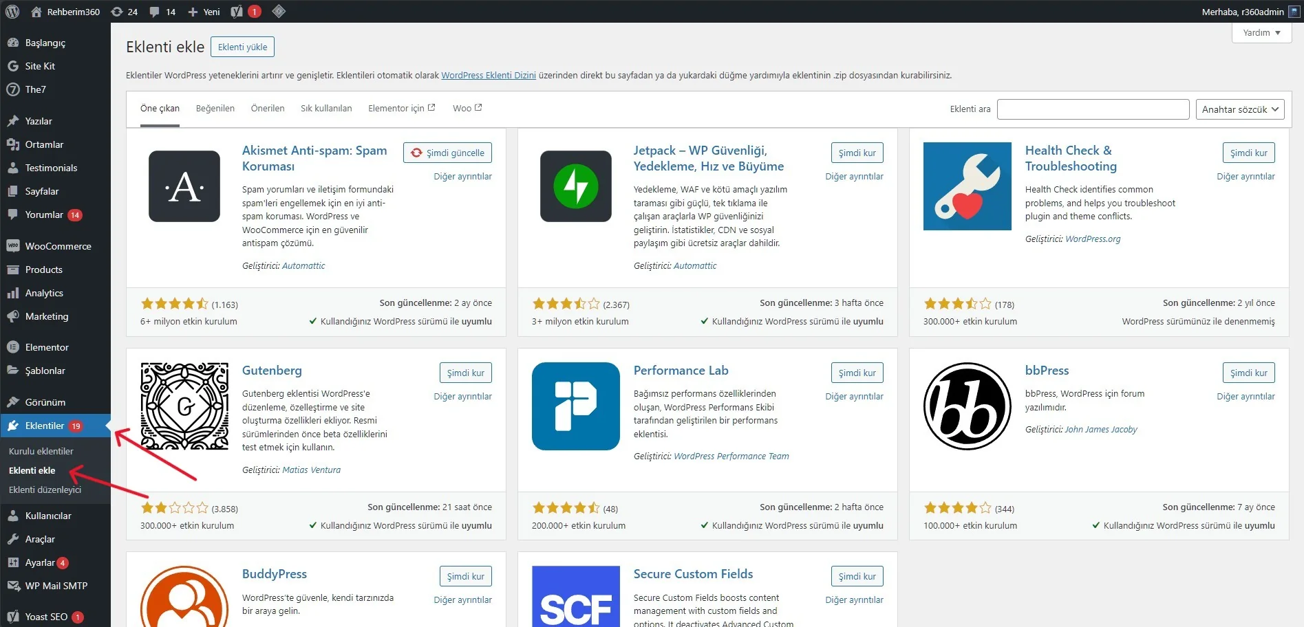 WordPress Eklentiler Menüsü