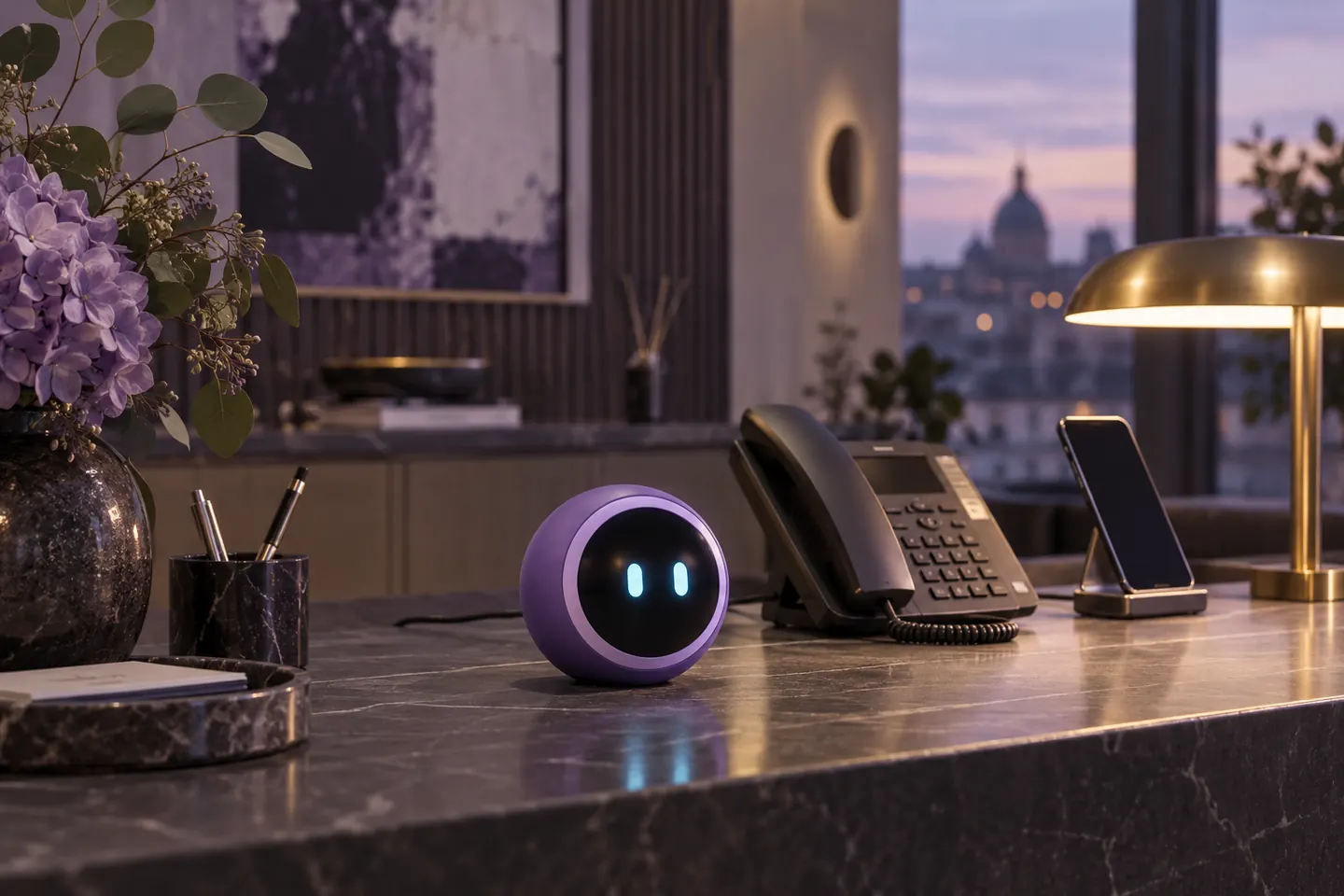 Akşam ışığında masa telefonu, cep telefonu ve marka maskotu bulunan karşılama masası