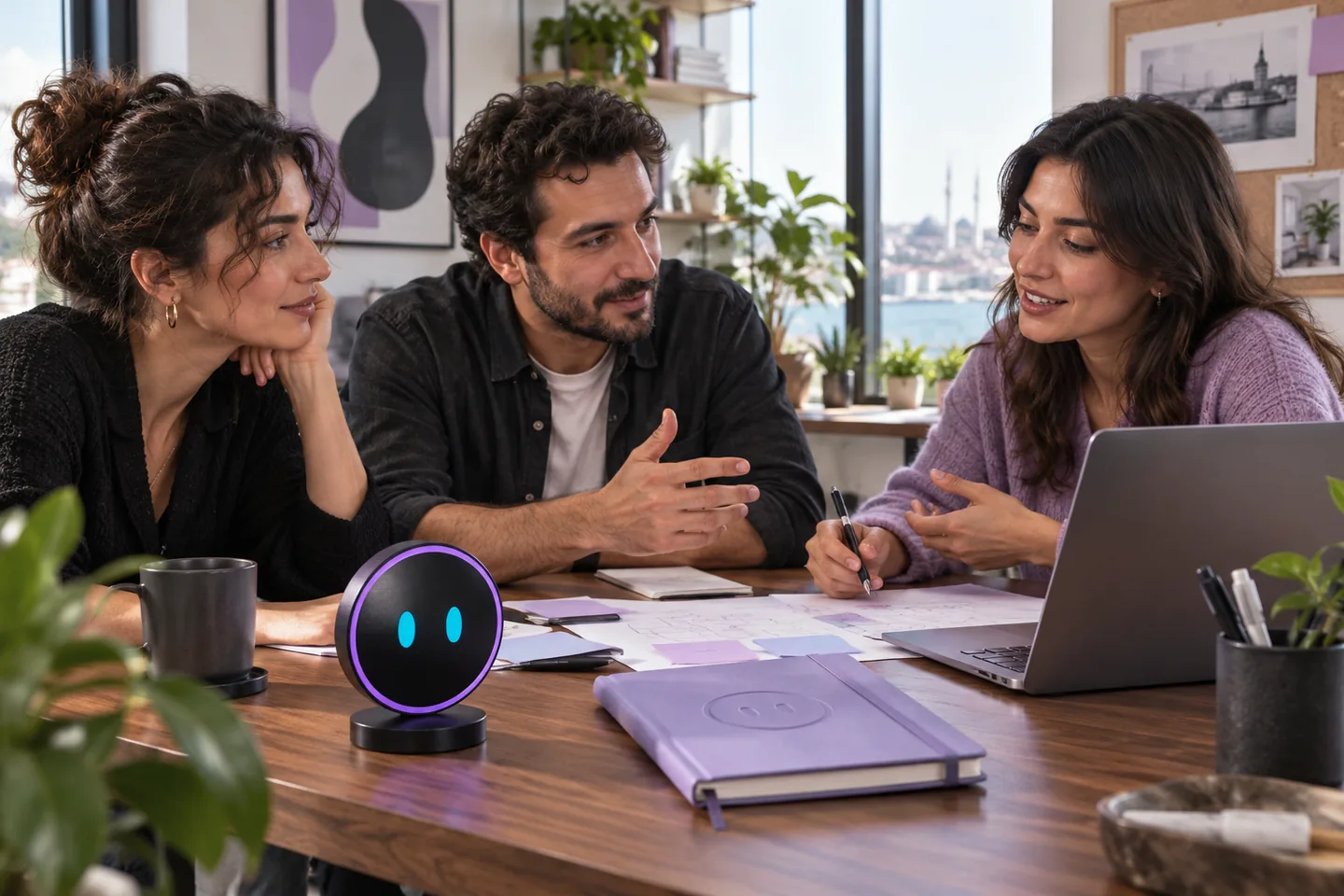 Yapay Zeka Chatbot maskotuyla iş ortaklığı görüşmesini anlatan temsili çalışma ortamı