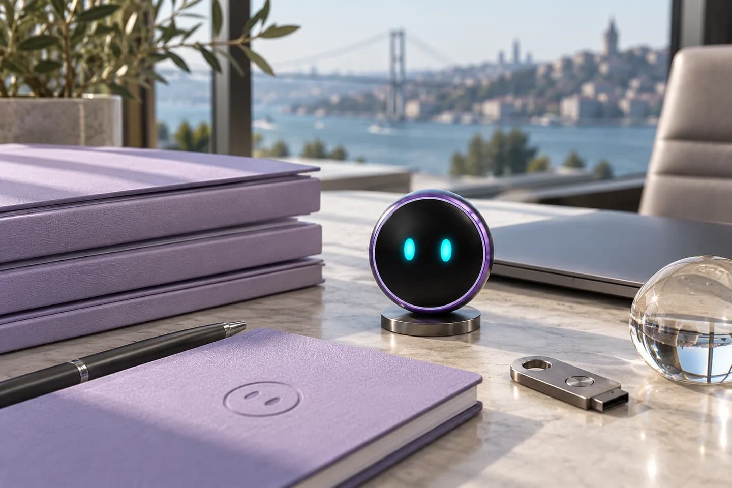 Yapay Zeka Chatbot maskotu ve düzenlenmiş belgeler; temsili görsel