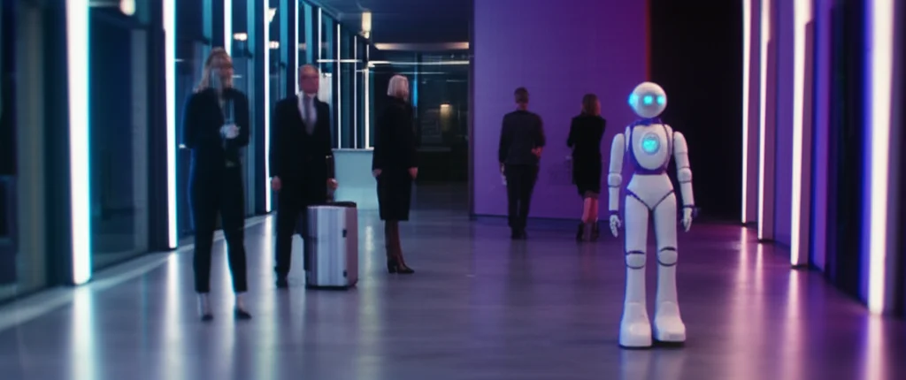 Modern bir otel lobisinde yapay zeka resepsiyonist olarak hizmet veren bir robotun görseli
