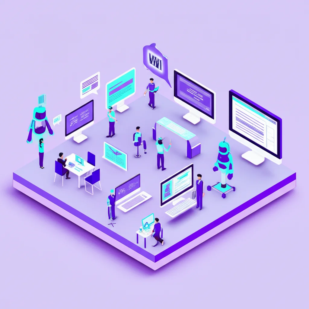 Farklı sektörlerde yapay zeka müşteri temsilcisi kullanım örneklerini gösteren bir kolaj