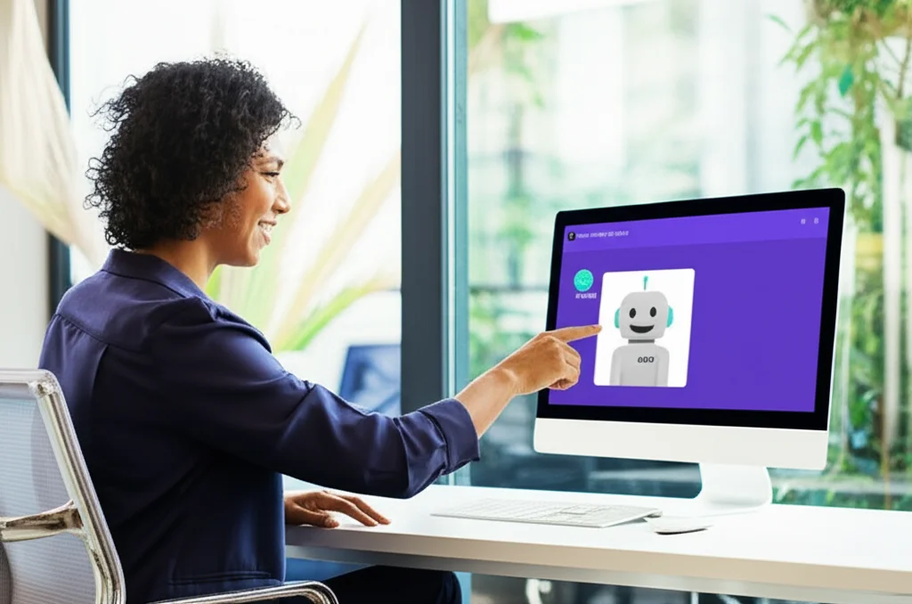 İş akışlarını otomatikleştirerek zamandan tasarruf sağlayan bir chatbot'u gösteren bir KOBİ çalışanı.