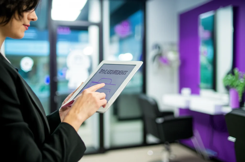 Bir kuaför salonunda tablet üzerinden randevu alan müşteriyi gösteren görsel. Arka planda chatbot ikonu.