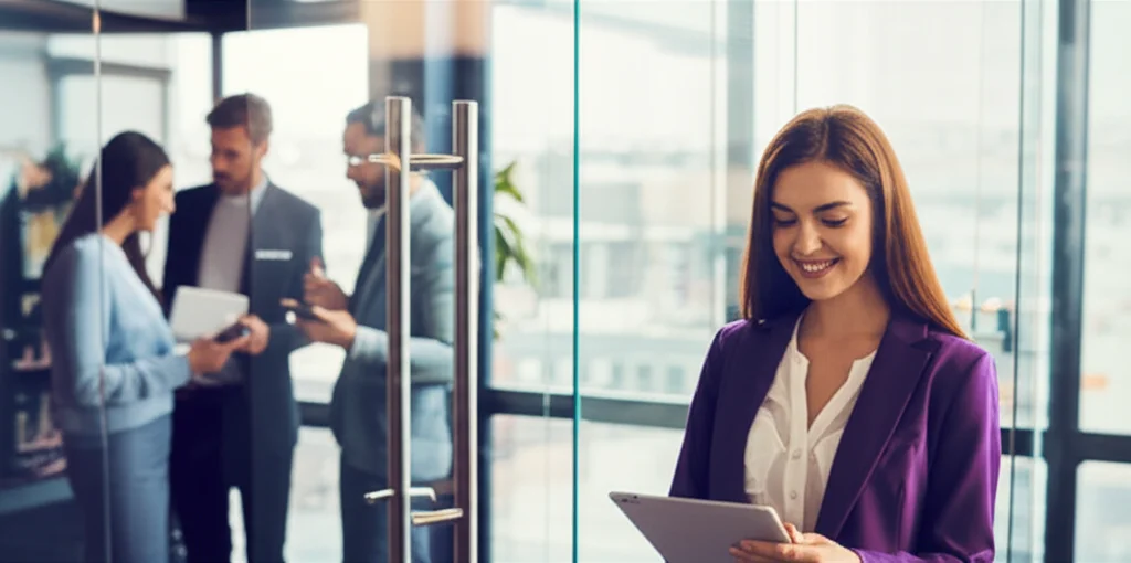 Bir otel resepsiyonunda chatbot kullanan bir müşteri ve resepsiyonist arasındaki etkileşimi gösteren bir görsel