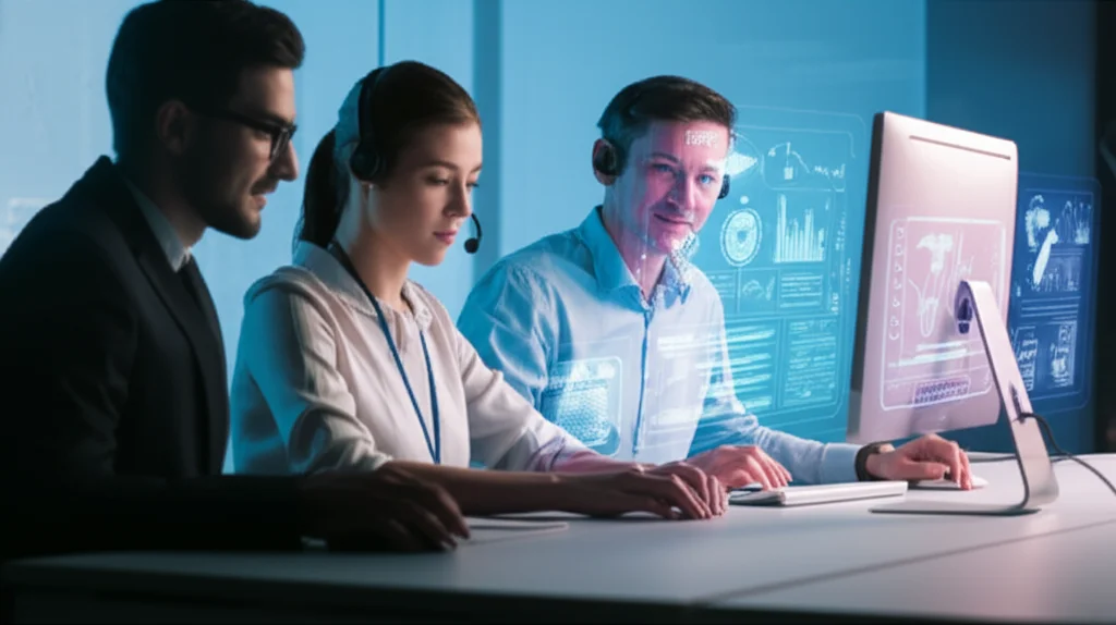 İnsan temsilcisi ve yapay zeka chatbot'un birlikte çalıştığını gösteren görsel