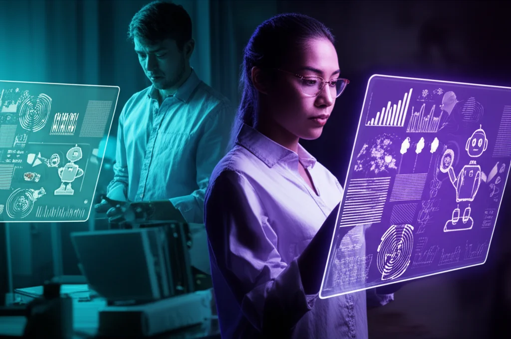 Farklı sektörlerden KOBİ çalışanlarının chatbot arayüzlerini kullandığı bir kolaj