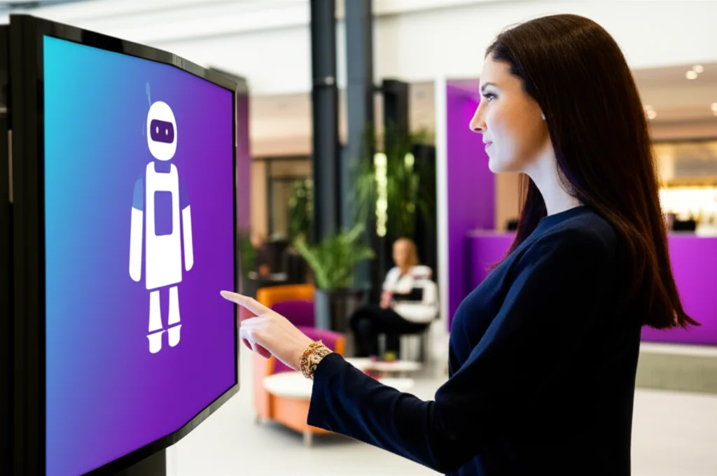 Otel lobisinde chatbot kullanan bir müşteri illüstrasyonu