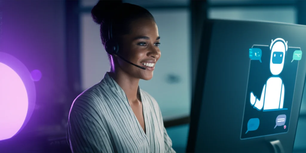 Kulaklıklı bir çalışanın sesli chatbot ile bir müşteriye destek verdiği görsel
