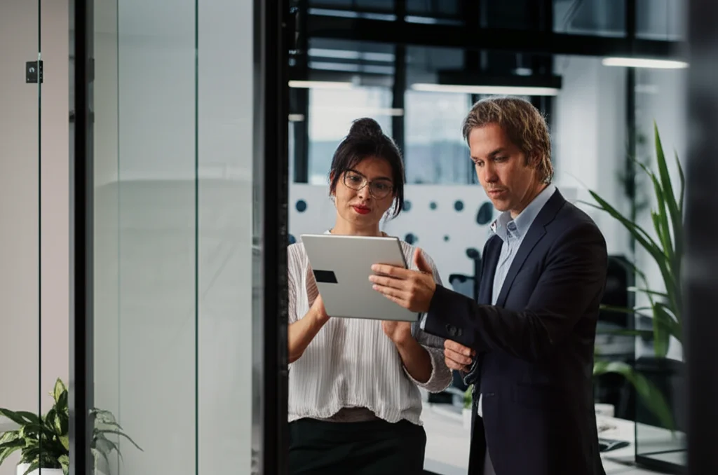 İşletme sahibi dizüstü bilgisayarında chatbot arayüzünü inceliyor