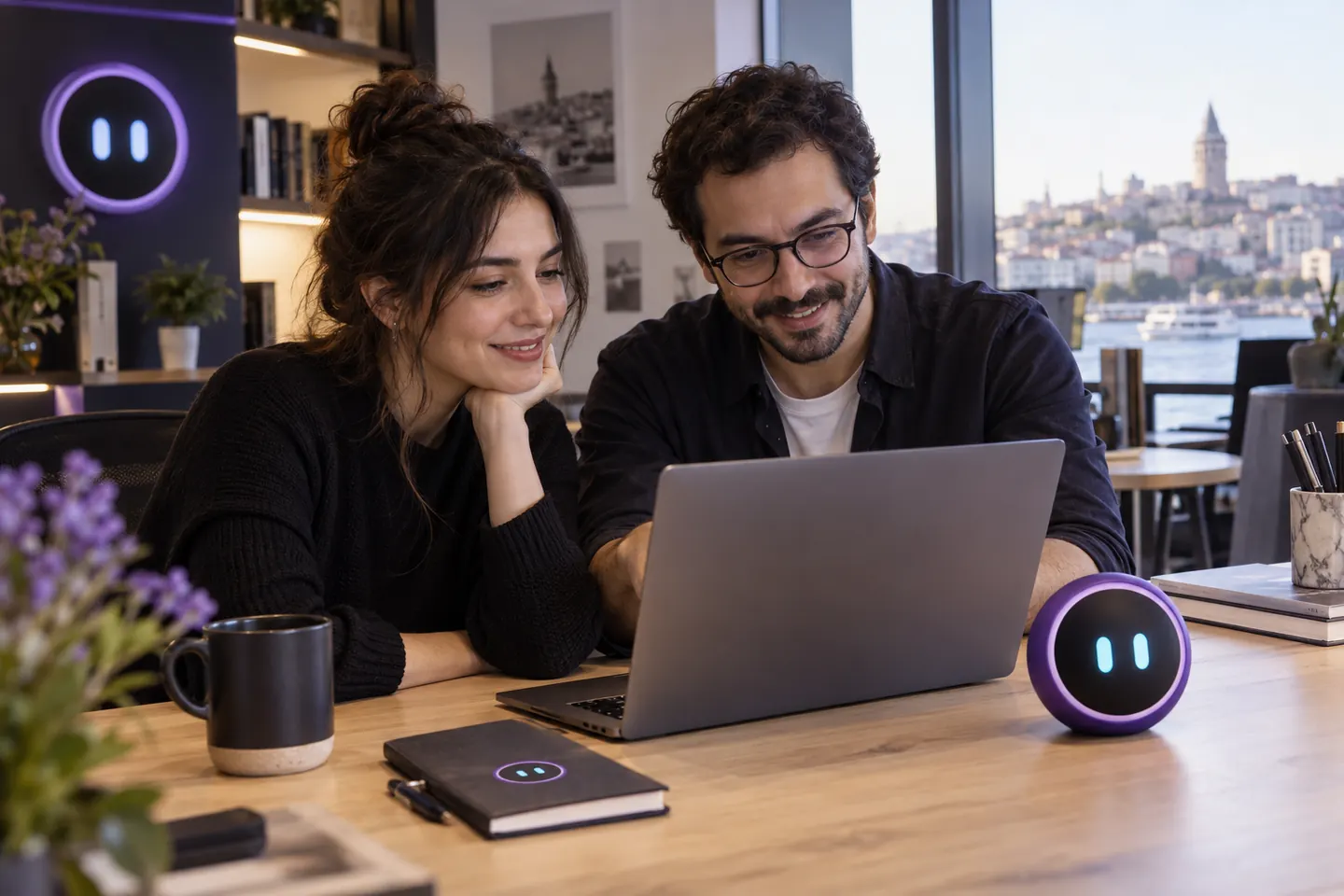 Yapay Zeka Chatbot markasını içeren temsili çalışma ve müşteri iletişimi ortamı