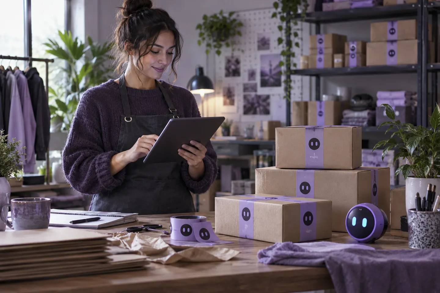 Sipariş hazırlığı ve Yapay Zeka Chatbot maskotunu gösteren temsili iş ortamı