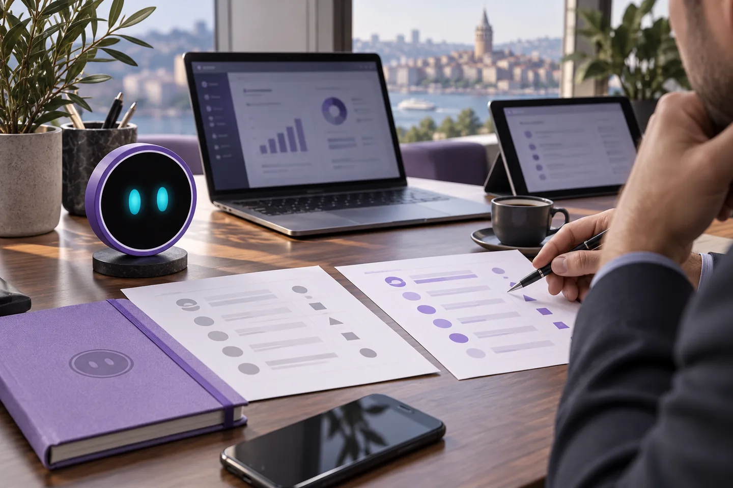 Karar notları ve Yapay Zeka Chatbot maskotuyla temsili karşılaştırma masası