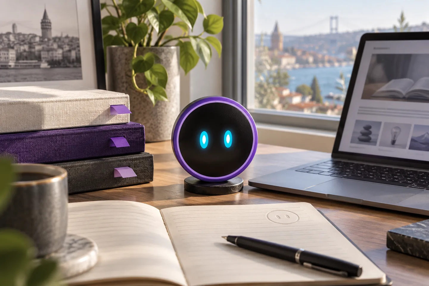 Kitaplar, notlar ve Yapay Zeka Chatbot maskotuyla temsili öğrenme alanı
